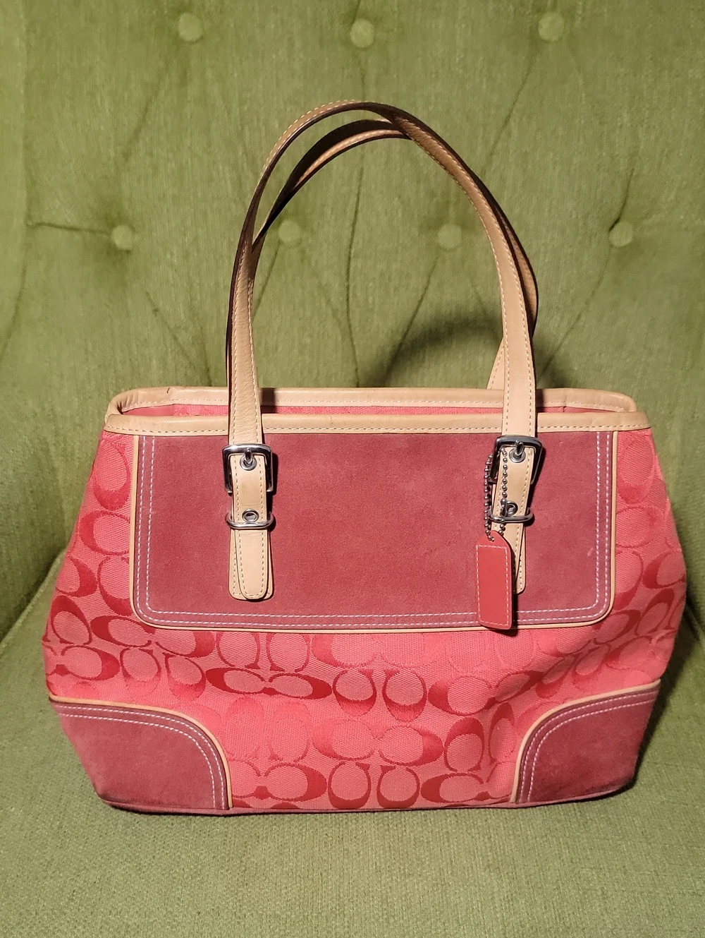 Coach Pink Signature Canvas Shoulder Tote with Beige Leather Trim